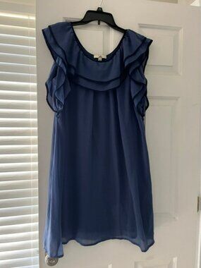 Navy Blue Ruffle Sleeve Chiffon Dress